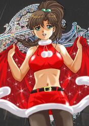  bare_shoulders belt bishoujo_senshi_sailor_moon brown_hair cape christmas commentary_request crop_top female green_eyes halterneck kino_makoto kobe midriff miniskirt navel open_mouth pantyhose photo_background photoshop_(medium) ponytail ranpu santa_costume skirt smile solo 