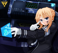  adjusting_eyewear blonde_hair blue_eyes cecilia_(pangya) commentary_request earrings female glasses jewelry military military_uniform pangya shimoogawa solo tattoo uniform 