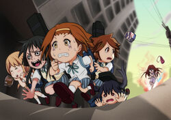  6+girls akiyama_mio aura bad_id bad_pixiv_id bag black_eyes black_hair blush brown_eyes brown_hair building chasing clenched_teeth closed_eyes fallen_down glasses hashiribe_akira hirasawa_yui k-on! kotobuki_tsumugi long_hair looking_back milk milk_carton multiple_girls nakano_azusa open_mouth pantyhose parody photoshop_(medium) ribbon round_teeth running sakuragaoka_high_school_uniform scared school_uniform shadow shoes short_hair skirt style_parody sweat tainaka_ritsu teacher teardrop teeth twintails umezu_kazuo_(style) vest yamanaka_sawako yellow_eyes 