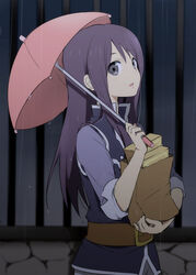  1boy androgynous bag belt black_eyes black_hair commentary_request kl_(dgzonbi) long_hair male_focus official_alternate_costume paper_bag photoshop_(medium) rain solo tales_of_(series) tales_of_vesperia tales_of_vesperia:_the_first_strike umbrella yuri_lowell yuri_lowell_(light_fedrock_uniform) 