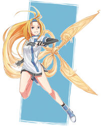  blonde_hair blue_eyes blue_headband boots commentary_request elbow_gloves female fingerless_gloves full_body gloves guilty_gear guilty_gear_xx guilty_gear_xx_accent_core hair_weapon hairband headband long_hair millia_rage photoshop_(medium) prehensile_hair satoma_makoto scissors side_slit simple_background solo very_long_hair 