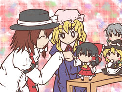  5girls black_hair blonde_hair blush_stickers bow brown_hair chibi closed_eyes commentary_request fushigi_ebi hairbow hakurei_reimu hat holding_hands izayoi_sakuya kirisame_marisa leaning_forward maribel_hearn mini_person minigirl multiple_girls profile raised_eyebrow short_hair smile standing table touhou touhou_ningyougeki usami_renko v_arms 