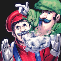  2boys bad_id bad_pixiv_id blue_overalls brothers ectoplasm facial_hair gloves green_hat green_shirt hat kouno_(masao) luigi mario mario_(series) moustache multiple_boys overalls photoshop_(medium) pointing shirt siblings what 