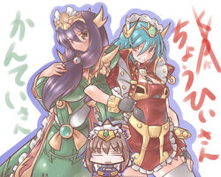  3girls =_= aqua_hair brown_eyes chouhi_gundam commentary_request darui_hito fingerless_gloves gloves grin gundam kan&#039;u_gundam locked_arms maid mecha_musume multiple_girls oerba_yun_fang purple_hair ryuubi_gundam sd_gundam sd_gundam_sangokuden smile thighhighs white_thighhighs 