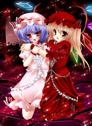  2girls bad_id bad_pixiv_id blonde_hair blood blue_hair dress flandre_scarlet formal hat highres hug kneeling long_hair multiple_girls oerba_yun_fang red_eyes remilia_scarlet rokudou_itsuki short_hair siblings side_ponytail sisters touhou wings wrist_cuffs 