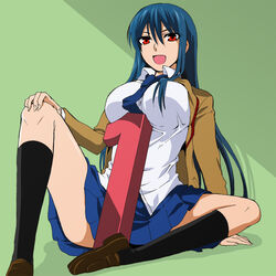  bad_id bad_pixiv_id between_breasts blue_hair breast_rest breasts diamond_cut_diamond female jacket large_breasts long_hair necktie official_art red_eyes shigyou_yuuyami shirt sitting solo spread_legs taguchi_kenji_(omaep) 