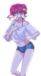  bare_shoulders blue_shorts copyright_request denim denim_shorts double_bun doughnut_hair_bun female food green_eyes hair_bun halterneck midriff mouth_hold navel popsicle purple_hair short_shorts shorts solo star_(symbol) white_background yuzuki_kisa 