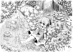  bow cirno commentary_request etogami_kazuya female greyscale hairbow highres ice monochrome nature river short_hair sitting solo splashing touhou traditional_media water wings 