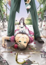  1boy alice_(alice_in_wonderland) alice_in_wonderland blue_eyes card card_creature cup female holding holding_card lying momopanda petals pocket_watch rose_petals tea watch white_rabbit_(alice_in_wonderland) 