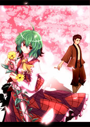  1boy ascot blush cherry_blossoms closed_umbrella commentary_request crossover facial_hair female flower gintama goatee green_hair hasegawa_taizou highres japanese_clothes kazami_yuuka letterboxed no_nose petals photoshop_(medium) plaid plaid_skirt plaid_vest plant red_eyes shadow short_hair skirt skirt_set sunflower tori_rui touhou umbrella vest vines 