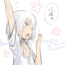  commentary_request female flat_chest konpaku_youmu myonde no_hairband open_clothes open_mouth open_shirt shirt sketch sleepy solo stretching touhou upper_body yawning 