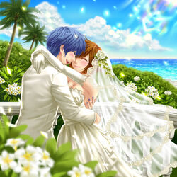  1boy blue_hair blue_nails bridal_veil bride brown_hair closed_eyes commentary_request couple dress elbow_gloves female flower formal gloves hamura_mayu hug kaito_(vocaloid) meiko_(vocaloid) nail_polish palm_tree short_hair straight suit tree veil vocaloid wedding wedding_dress 