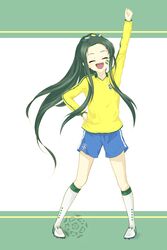  2010_fifa_world_cup brazil closed_eyes commentary_request facepaint female green_hair highres long_hair oerba_yun_fang rokujou_jun soccer_uniform solo sportswear suzumiya_haruhi_no_yuuutsu tsuruya very_long_hair world_cup 