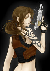  au beretta_92 black_lagoon brown_eyes brown_hair cigarette commentary_request crop_top female fingerless_gloves gloves grin gun handgun holster locked_slide long_hair looking_back ponytail revy_(black_lagoon) shoulder_holster smile smoking solo tattoo trigger_discipline weapon 