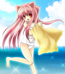  aloe_(quiz_magic_academy) animal_ears bad_id bad_pixiv_id barefoot cat_ears day female long_hair one-piece_swimsuit oumi_neneha quiz_magic_academy red_eyes red_hair school_swimsuit solo swimsuit towel white_one-piece_swimsuit 