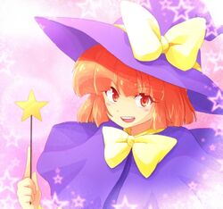  blush_stickers bow cape commentary_request female hanjuku_tomato hat hat_ribbon kirisame_marisa kirisame_marisa_(pc-98) open_mouth red_eyes red_hair ribbon short_hair smile solo star_(symbol) story_of_eastern_wonderland touhou touhou_(pc-98) wand witch_hat 