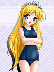  blonde_hair blue_eyes commentary_request crown earrings female jewelry leticia_apple long_hair neopure one-piece_swimsuit photoshop_(medium) princess_holiday school_swimsuit solo swimsuit 