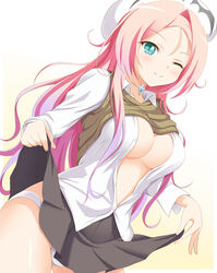  blue_eyes blush breasts cleavage clothes_lift dra+koi female heroine_(dra+koi) medium_breasts one_eye_closed open_clothes open_shirt panties pink_hair shirt skirt skirt_lift slit_pupils smile solo underwear violetshit 