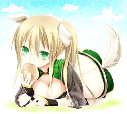  animal_ears bad_id bad_pixiv_id blonde_hair breasts cleavage dog_ears dog_tail eating fantasy_earth fantasy_earth_zero female green_eyes kuu_(0427) large_breasts ponytail solo tail 