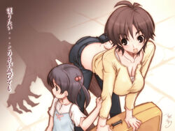  2girls amaha_masane amaha_rihoko breasts brown_eyes brown_hair casual cleavage from_above hair_bobbles hair_ornament hanging_breasts large_breasts leaning_forward mature_female mother_and_daughter multiple_girls photoshop_(medium) purple_hair shadow short_hair suitcase translated tsurugi_hagane two_side_up witchblade 