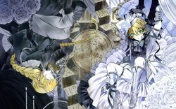  2boys blonde_hair boots braid coat flower formal gloves green_eyes hat highres jack_vessalius male_focus mochizuki_jun multiple_boys official_art official_wallpaper oz_vessalius pandora_hearts rose trench_coat 