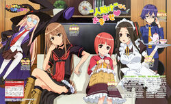  5girls absurdres adjusting_eyewear akai_ringo_(ookami-san) basket boots capelet crossed_legs glasses hair_ribbon highres kiriki_alice knee_boots kneehighs kobayashi_emiko long_legs maid maid_headdress majolica_le_fay multiple_girls ookami-san ookami_ryouko pantyhose ribbon school_uniform sitting socks tray tsurugaya_otsuu two_side_up white_pantyhose 