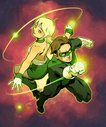  1boy animification arisia_rrab back-to-back backless_outfit blonde_hair brown_hair dc_comics domino_mask female gloves green_eyes green_footwear green_lantern_(series) green_skirt hal_jordan halterneck koike_sadaji mask photoshop_(medium) pointy_ears power_ring_(green_lantern) skirt space star_(symbol) superhero_costume white_gloves 