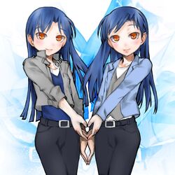  2girls belt blue_hair blush brown_eyes commentary_request dual_persona heart heart_hands heart_hands_duo highres idolmaster idolmaster_(classic) idolmaster_2 jacket kakashichi kisaragi_chihaya long_hair multiple_girls skirt symmetry 