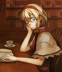  alice_margatroid aqua_eyes bespectacled blonde_hair book bookshelf commentary_request female glasses head_rest library sitting solo tea totteri touhou 