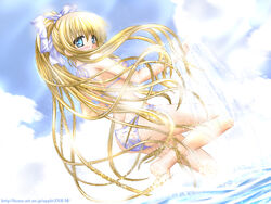  air_(visual_novel) ass bad_id bad_pixiv_id barefoot bikini blonde_hair bloom blue_eyes blush cloud dutch_angle female from_behind kamio_misuzu long_hair looking_at_viewer looking_back musashinomiya_(jnr-m) ponytail side-tie_bikini_bottom sky solo splashing standing standing_on_one_leg swimsuit very_long_hair wading watermark web_address white_bikini 