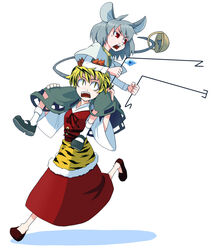  2girls animal_ears blonde_hair carrying commentary_request dowsing_rod grey_hair hair_ornament jewelry kansuke_(bubuduke) mouse_(animal) mouse_ears mouse_tail multiple_girls nazrin pendant photoshop_(medium) red_eyes riding short_hair shoulder_carry sitting sitting_on_person tail toramaru_shou touhou 