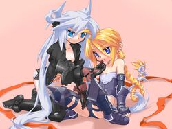  2girls armor bad_id bad_pixiv_id blonde_hair blue_eyes borrowed_character braid chocolate feeding flat_chest gauntlets girl_with_a_blonde_braid_(tomoshibi_hidekazu) highres long_hair mof mof&#039;s_silver_haired_twintailed_girl multiple_girls original panties silver_hair smile tattoo thighhighs twintails underwear very_long_hair yuri 