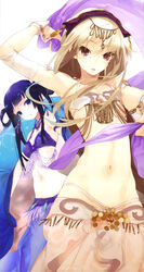  2girls armpits blonde_hair blue_eyes circlet dancer flat_chest highres imageboard_desourced jewelry long_hair midriff multiple_girls navel non-web_source official_art ookami-san ookami_ryouko photoshop_(medium) red_eyes ryuuguu_otohime unaji 