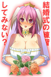  bad_id bad_pixiv_id bare_shoulders blush bouquet breasts bridal_veil bride brown_hair choker cleavage collarbone dress female flower huge_breasts jewelry long_hair open_mouth painttool_sai_(medium) pink_eyes pink_hair rose shirayuki_usami simple_background smile solo tiara trickster_(ntreev_soft) twintails veil vinosh_(trickster) wedding_dress 