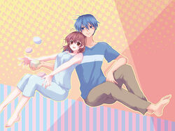  1boy antenna_hair bad_id bad_tinami_id barefoot blue_eyes blue_hair blush brown_eyes brown_hair clannad couple dango feet female food furukawa_nagisa head_on_another&#039;s_shoulder husband_and_wife okazaki_tomoya pajamas straight wagashi yuzuki_kisa 