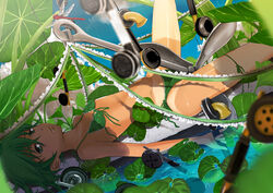  accessory_tan anchor bikini bug commentary_request corded_phone dragonfly expressionless female flat_chest flower from_side green_bikini green_eyes green_hair highres leaf looking_at_viewer lying mashiro_akira on_back original phone photoshop_(medium) shade short_hair shorts_tan solo swimsuit tan tanlines water 