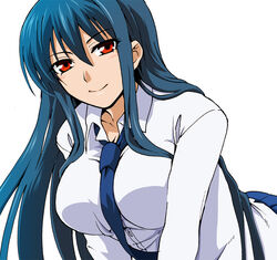  bad_id bad_pixiv_id between_breasts blue_hair breasts diamond_cut_diamond female large_breasts leaning long_hair necktie official_art red_eyes shigyou_yuuyami shirt smile solo taguchi_kenji_(omaep) 