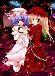  2girls bad_id bad_pixiv_id bat_wings blonde_hair collaboration flandre_scarlet hat highres kirihara_natsuki multiple_girls photoshop_(medium) ponytail purple_hair red_eyes remilia_scarlet rokudou_itsuki short_hair siblings side_ponytail sisters touhou wings 