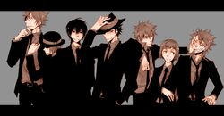  6+boys androgynous arcobaleno black_hair braid colonello ear_piercing everyone facial_hair fedora female fon_(reborn) formal glasses hat katekyo_hitman_reborn! linked_piercing lip_piercing long_hair luce_(reborn) mammon_(reborn) multiple_boys necktie piercing ponytail reborn sepia short_hair simple_background skull_(reborn) spiked_hair stubble suit verde_(reborn) 