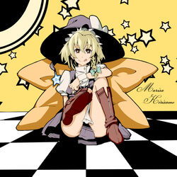  :q blonde_hair boots braid brown_eyes commentary_request female fujimako hat kirisame_marisa partial_commentary single_braid sitting smile solo star_(symbol) tongue tongue_out touhou witch_hat 