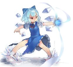  blue_hair bow cirno commentary_request dress female frown hairbow hands ice orange_eyes s.o_chin short_hair solo torn_clothes touhou wings 