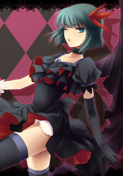  argyle_background back_bow bad_id bad_pixiv_id black_choker blue_eyes bob_cut boots bow choker dark_precure elbow_gloves female frills gloves green_hair hair_ornament heartcatch_precure! meimone photoshop_(medium) precure short_hair solo thigh_boots thighhighs wings zettai_ryouiki 