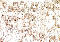  4boys 6+girls brown_theme everyone inami_mahiru kusakami_akira matsumoto_maya monochrome multiple_boys multiple_girls otoko_no_ko otoo_hyougo satou_jun shirafuji_kyouko simple_background sketch souma_hiroomi takanashi_izumi takanashi_kazue takanashi_kotori takanashi_kozue takanashi_nazuna takanashi_souta taneshima_popura todoroki_yachiyo white_background working!! yamada_aoi 