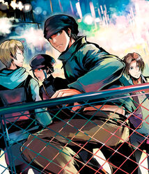  3boys backpack bad_id bad_pixiv_id bag black_hair blonde_hair brown_eyes chain-link_fence durarara!! female fence hat kadota_kyouhei karisawa_erika maguchimo multiple_boys short_hair togusa_saburou yumasaki_walker 