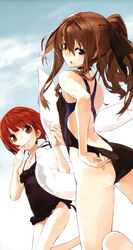  2girls adjusting_clothes adjusting_swimsuit akai_ringo_(ookami-san) ass back blunt_bangs bob_cut brown_eyes brown_hair casual_one-piece_swimsuit competition_swimsuit flat_chest highres holding_hands imageboard_desourced innertube legs lolicon long_hair looking_back multiple_girls non-web_source official_art one-piece_swimsuit ookami-san ookami_ryouko ponytail red_eyes red_hair short_hair swim_ring swimsuit unaji 