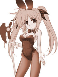  alternate_breast_size animal_ears axe bardiche_(device_form)_(nanoha) bardiche_(nanoha) breasts fate_testarossa female long_hair lyrical_nanoha mahou_shoujo_lyrical_nanoha masakichi_(crossroad) medium_breasts monochrome pantyhose playboy_bunny rabbit_ears sepia simple_background solo twintails weapon white_background 