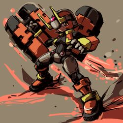  armor atlas_(mega_man) commentary_request fire helmet maruwa mega_man_(series) mega_man_zx mega_man_zx_advent model_f_(mega_man) red_eyes solo weapon 