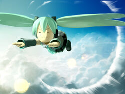  aqua_hair chibi closed_eyes cloud commentary_request day detached_sleeves female flying hatsune_miku headphones long_hair necktie skirt sky solo sonic_boom_(speed) thighhighs twintails very_long_hair vocaloid won_(toufunokado) 