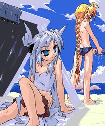  2girls bad_id bad_pixiv_id barefoot beach blonde_hair blue_eyes borrowed_character bow braid cloud day flat_chest girl_with_a_blonde_braid_(tomoshibi_hidekazu) hairbow long_hair lowres mof&#039;s_silver_haired_twintailed_girl multiple_girls ocean oekaki original outdoors silver_hair single_braid skirt sky tomoshibi_hidekazu topless twintails water wet 