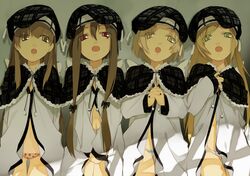  4girls black_nails blonde_hair covering_crotch covering_privates food_print green_eyes hat lineup long_hair lowleg lowleg_panties maruku multiple_girls nail_polish navel no_pants non-web_source open_mouth original own_hands_clasped own_hands_together panties print_panties red_eyes strawberry_panties strawberry_print striped_clothes striped_panties tassel underwear white_panties yellow_eyes 